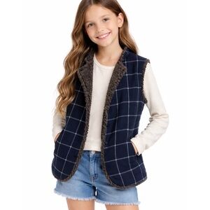 Makie kids unisex 100% wool vest in navy and brown faux shearling lining NEW